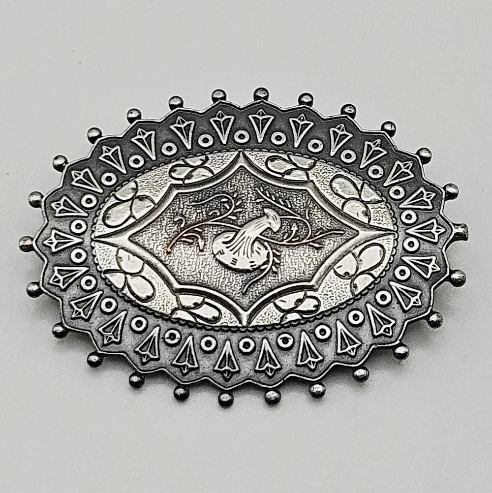 VINTAGE Pewter Art Deco Engraved Morning Glory Flower Oval Brooch Pin